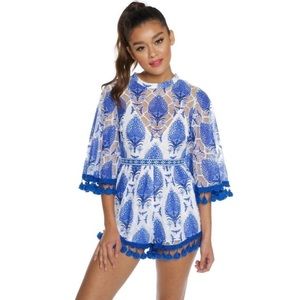 Luxxel NWT Blue White Tassel Pattern Romper Small